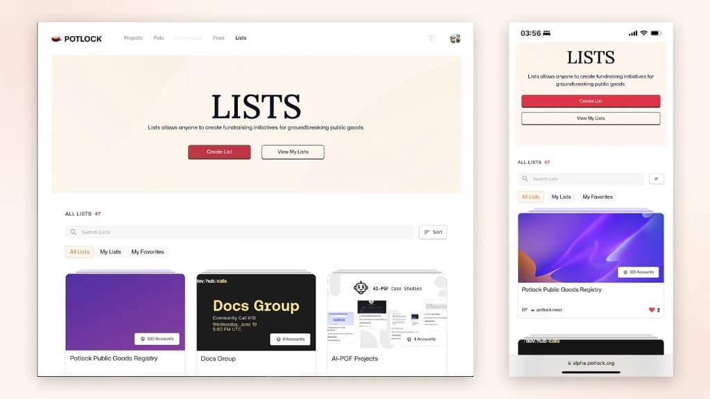 POTLOCK Lists - Create List, View My Lists, All Lists with desktop and mobile views