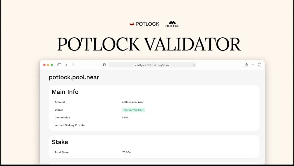 POTLOCK Validator - POTLOCK and Meta Pool logos, staking page for potlock.pool.near